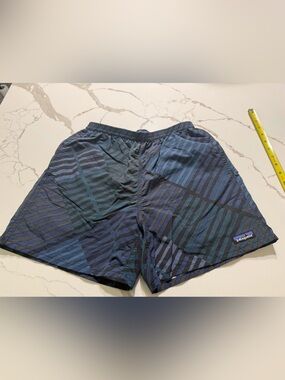 Patagonia Navy and Teal Striped Swim Shorts